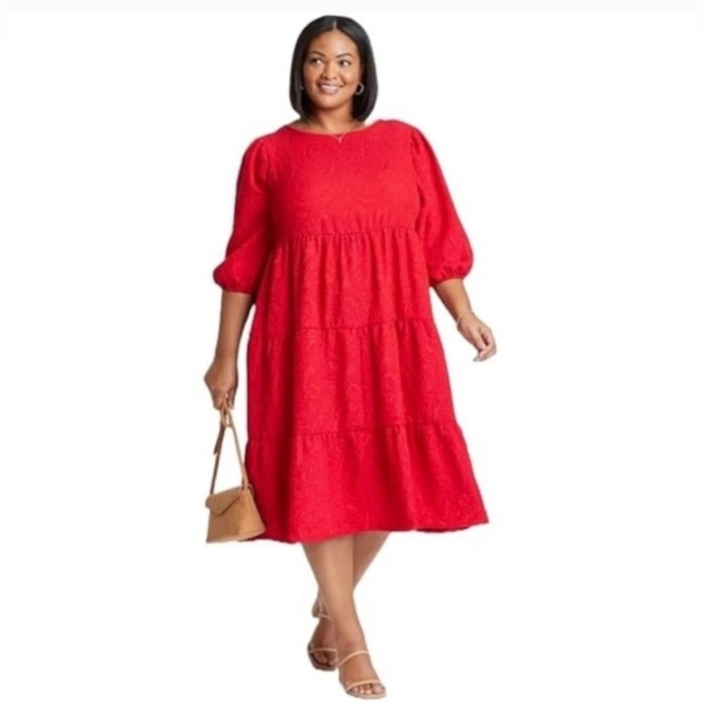 Ava & Viv Red Textured Puff Sleeve Tiered Midi Dress Sz 1X NWOT